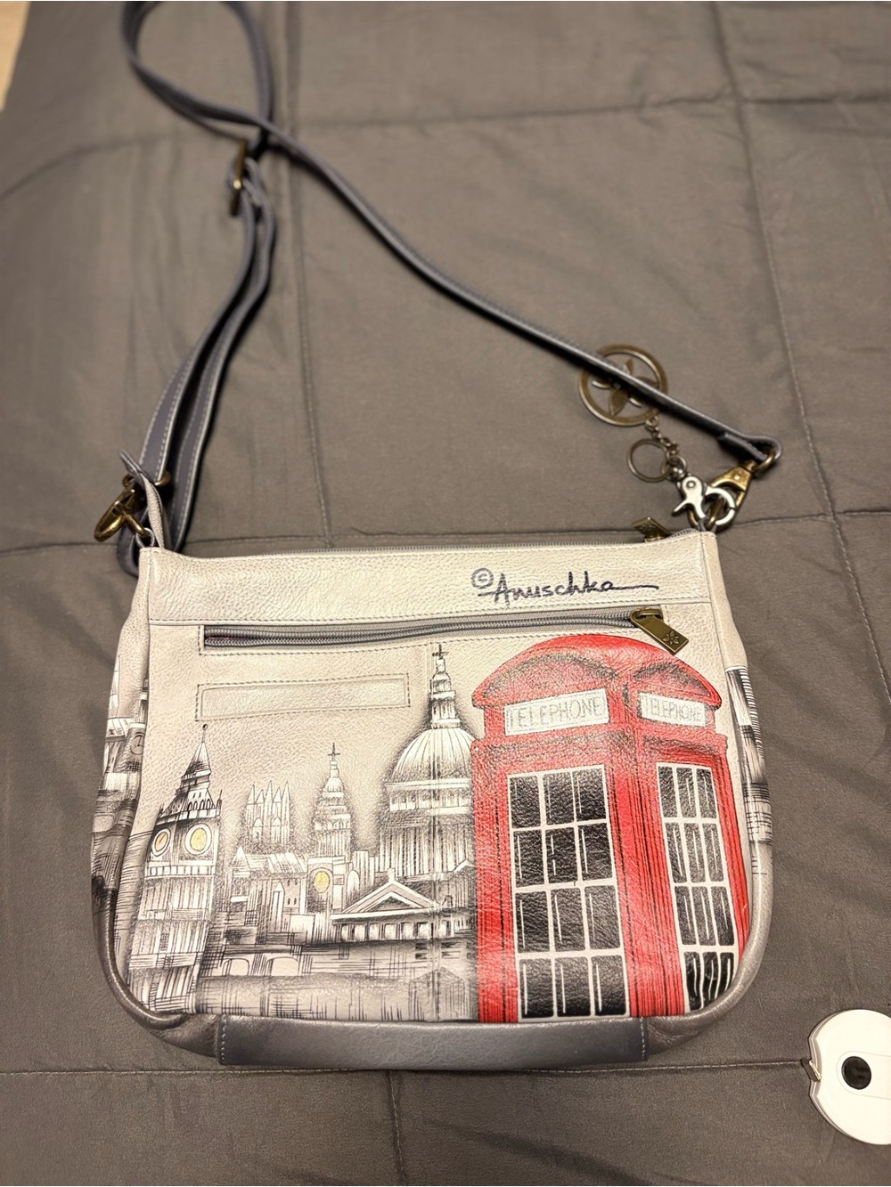 Anuschka Beige Crossbody Bag with Red London Phone Booth